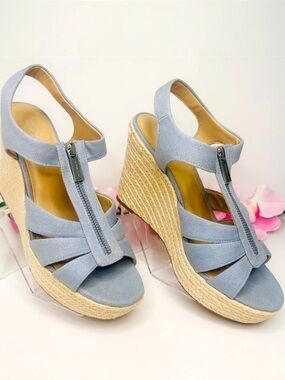 Michael Kors Berkley Espadrille Wedge Sandals 8.5M Blue Linen Zip Platform